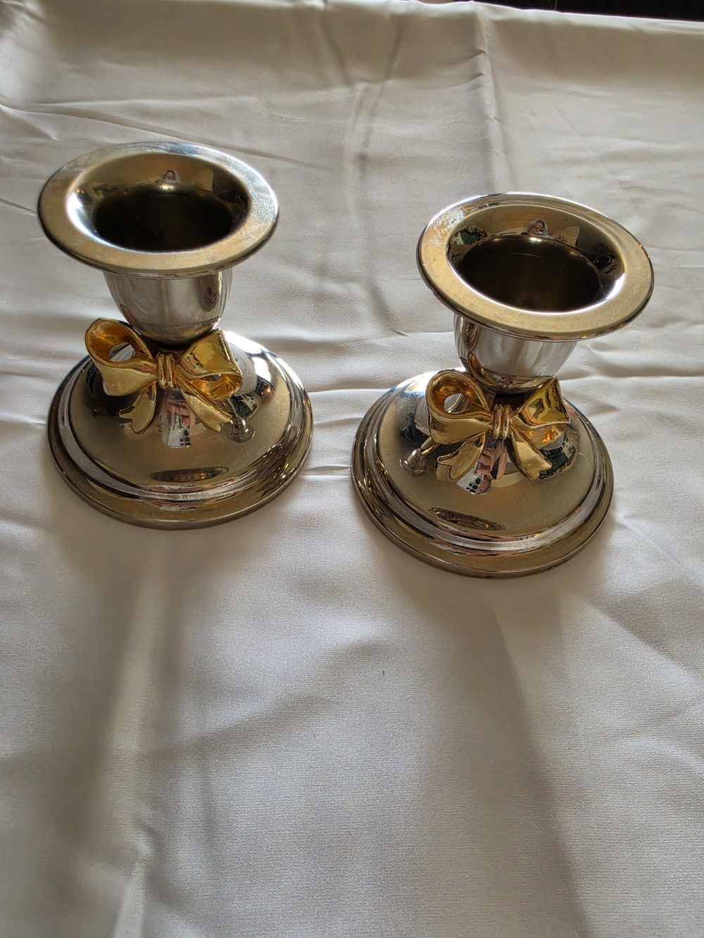 Silver Plated With Gold Bow Accent Candle Holders - Home Accents